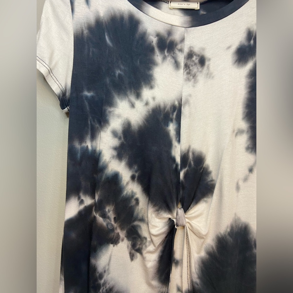 ARAN'S DEN Lagenlook Tunic Top Long Shirt Dress Tie Dye Black White Short Sleeve - Picture 9 of 13